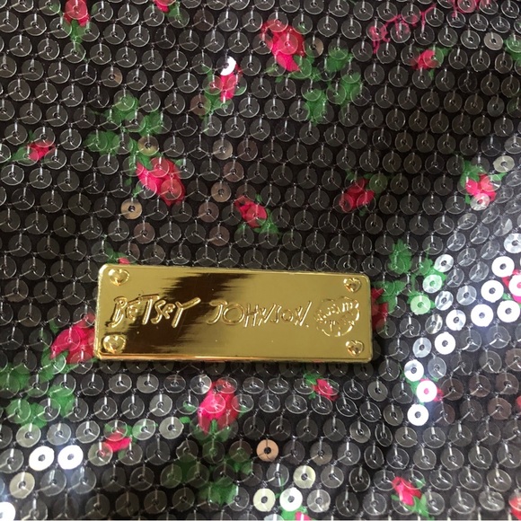 Betsy Johnson sequin floral (roses) Tote. Large  chain double handle - Picture 4 of 16